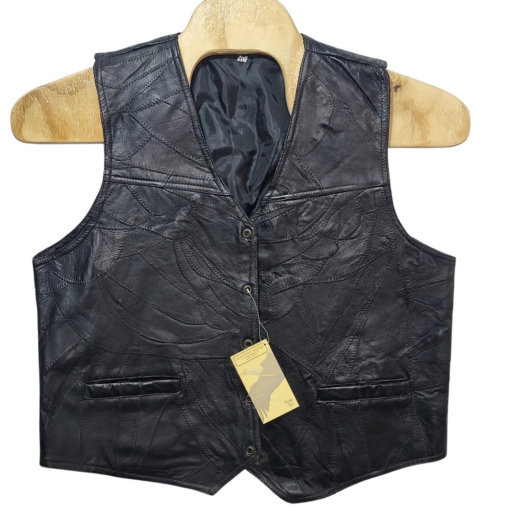 Hunters Ridge Mens‎ Genuine Leather Patchwork Biker Vest Black XL New With Tags